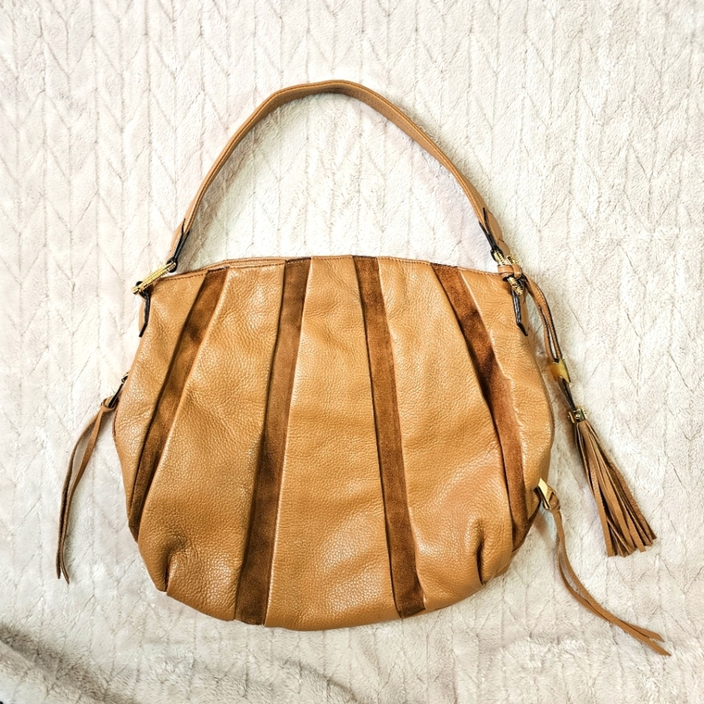 Aimee Kestenberg Tuscany Leather Suede Purse Hobo Mixed Media Shoulder Bag Tan